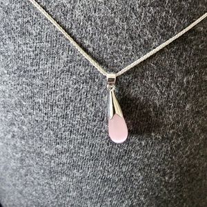 Pink tear drop pearl necklace with round silver 16" chain.